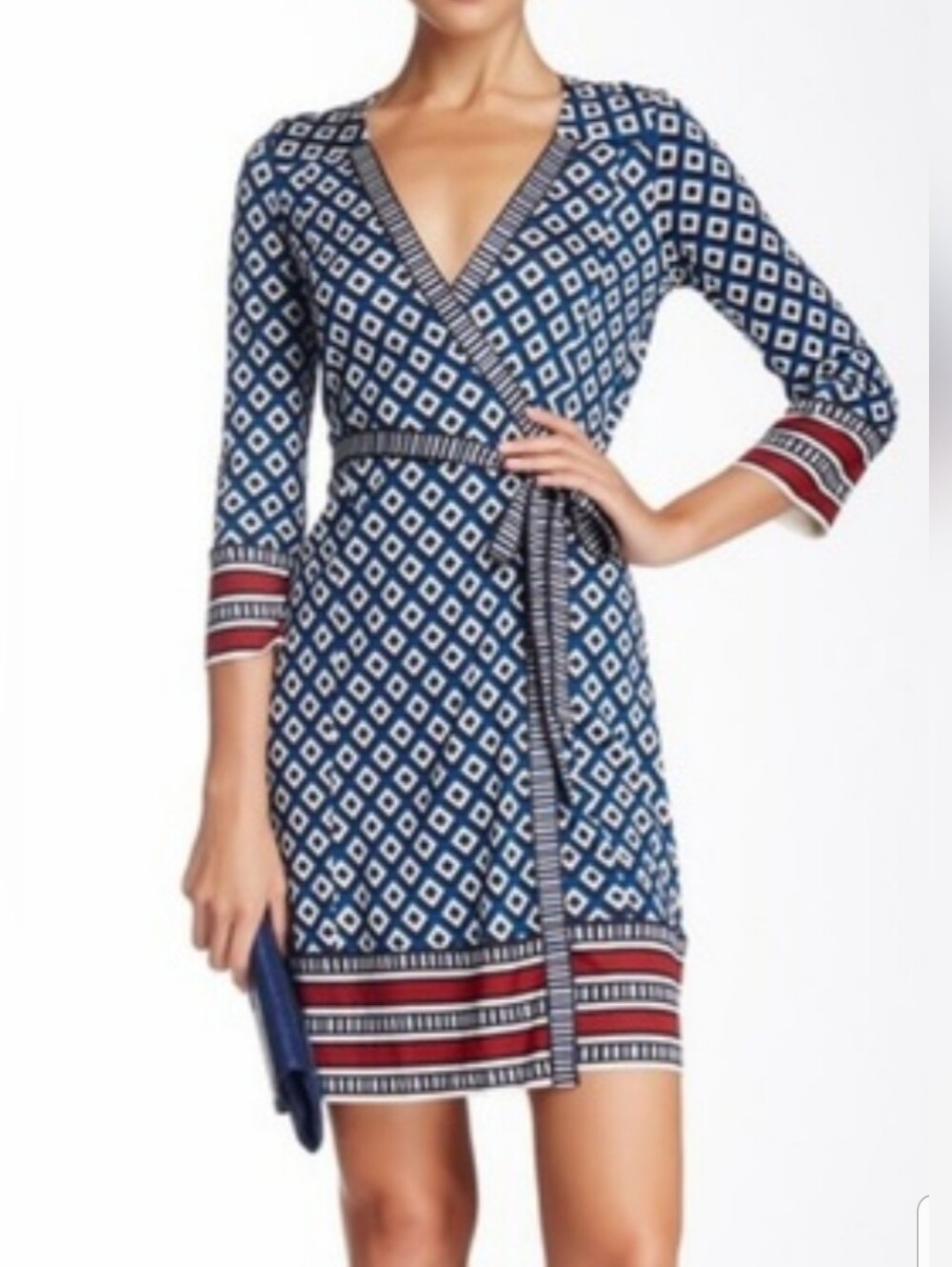 Diane von Furstenberg Tallulah Silk Wrap Dress Blue White Geometric Print Size 8
